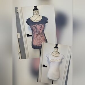 2/42 Guess Vintage Y2K Baby Tee Cap Sleeve Rhinestone Logo Graphic T-shirts XS-S